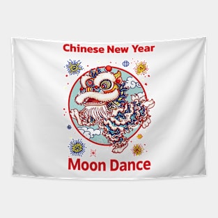 Moon Dance: Vibrant Chinese Lion Celebration Tapestry