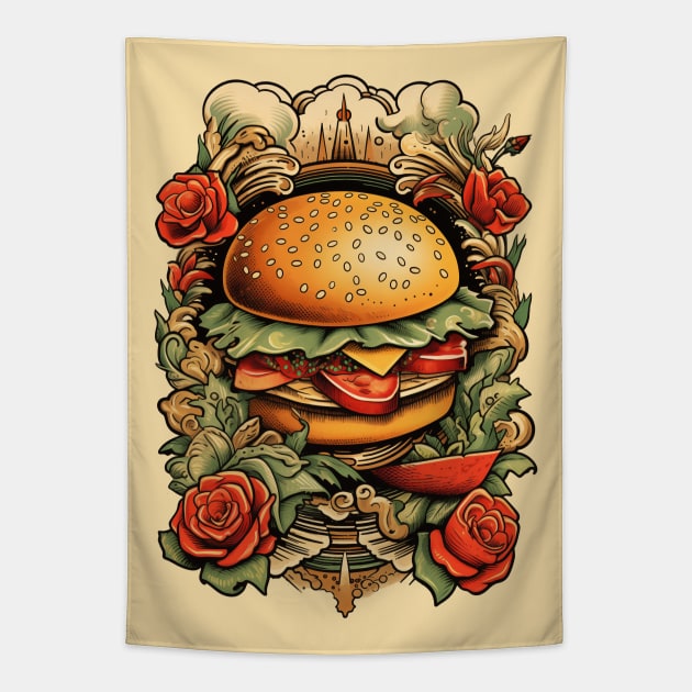 Hamburger Tattoo Tapestry by JunkyDotCom