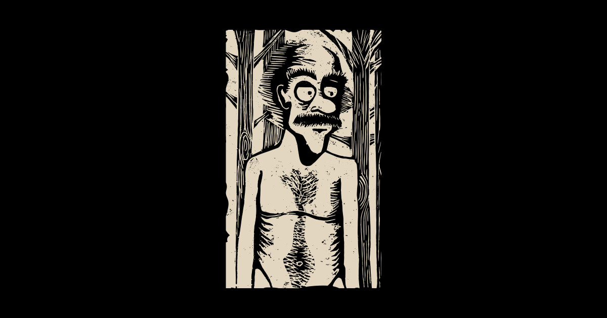 Naked In The Woods Woodcut Sticker Teepublic 