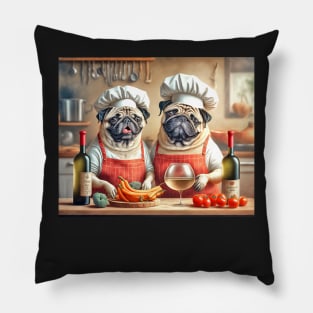 Pug Chefs Cooking in the Kitchen Pillow
