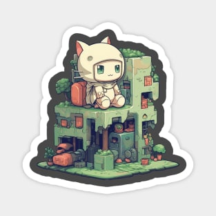 Small cute cat character sitting on a small building Magnet