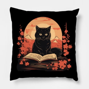 Japanese Floral Black Cat And Book Catshirt Pillow