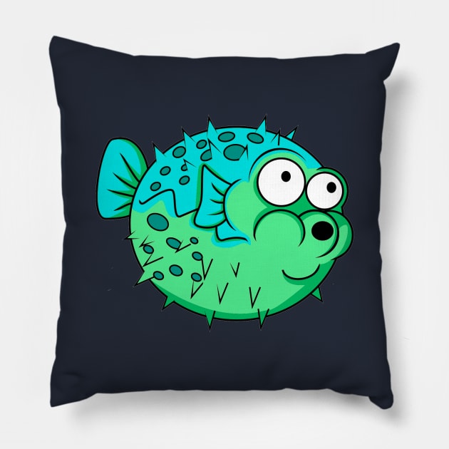 blue and green puffer fish with big eyes porcupine Pillow by pickledpossums