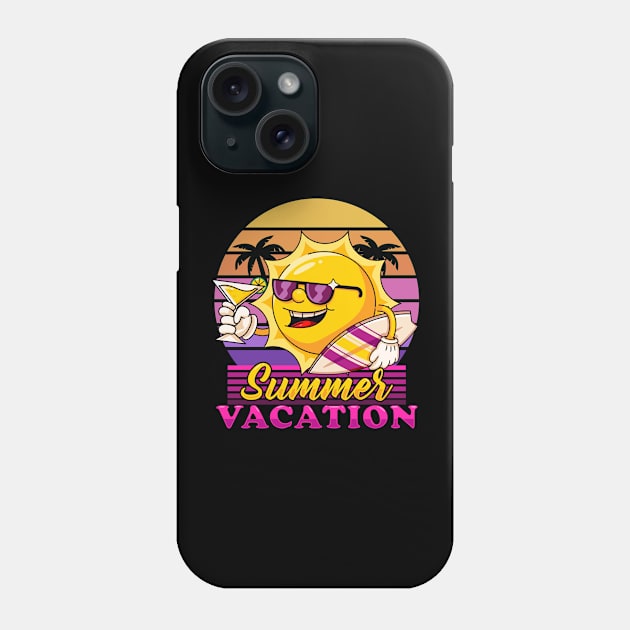 Summer vacation, the sun mascot relaxes while holding a surfboard and tequila Phone Case by Vyndesign