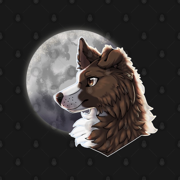Brown Border Collie with Night Sky Full Moon by Bamsdrawz