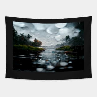 Foggy Lake Falling Raindrops On A Rainy Autumn Day Tapestry