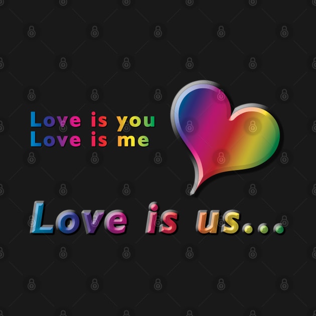Love is you, Love is me, Love is us Rainbow Text & Heart Design on Black Background by karenmcfarland13