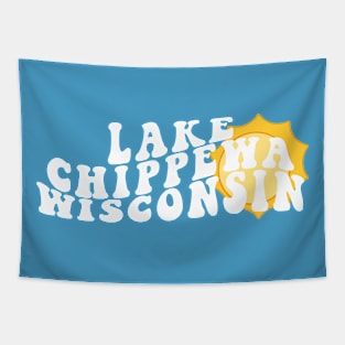 Sunshine in Lake Chippewa Wisconsin Retro Wavy 1970s Summer Text Tapestry