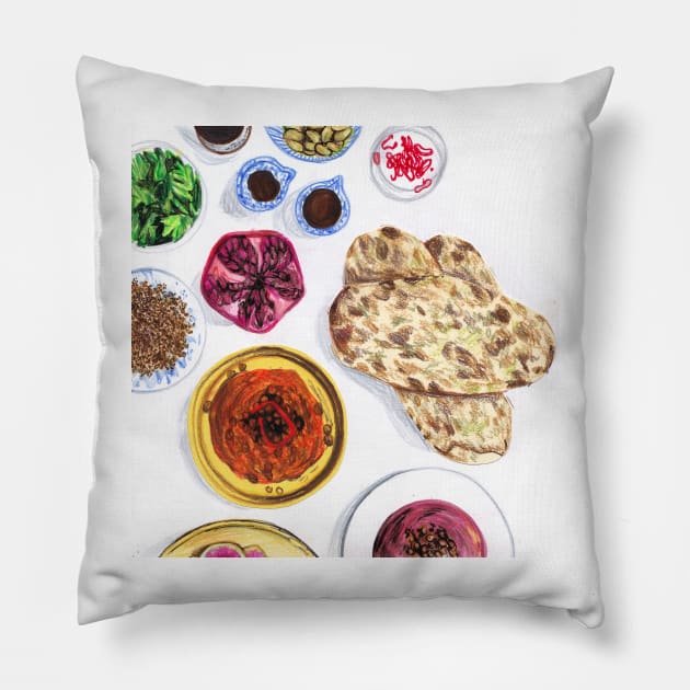 Lebanese Flatbreads and Dips illustration Pillow by sadnettles