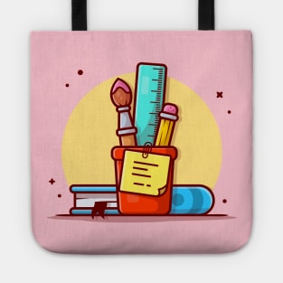 Stationery with Ruler, Pencil, Pen and Book Cartoon Vector Icon Illustration (2) Tote