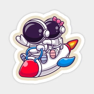 Cute Astronaut Couple Riding Rocket Cartoon Magnet