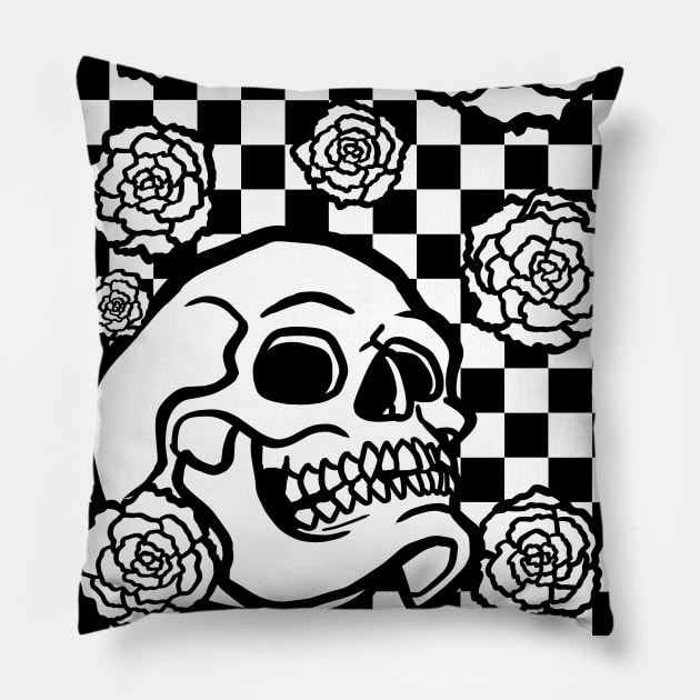 Skull and Roses Checkerboard Pillow by Jan Grackle