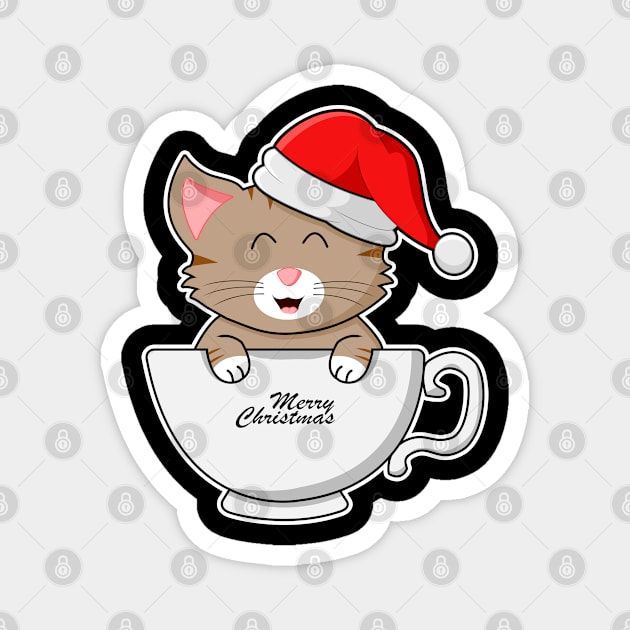 Christmas Cat Smiling With Santa Hat in A Cup Magnet by auviba-design