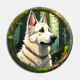 White German Shepherd Dog In A Mossy Forest Pin