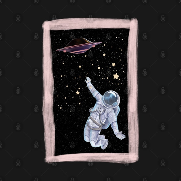 Floating astronaut Ufo alien abduction funny cute spaceship moon mars cosmic space by BoogieCreates