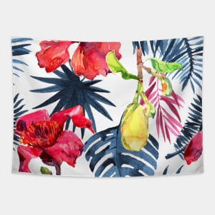 Watercolor tropical leaves and plants. Hand painted jungle greenery background Tapestry