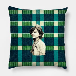 Peaceful young girl profile on a plaid background. Pillow