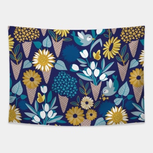 Midsummer I scream flower cones // pattern // navy blue background blue teal and yellow flowers bouquets Tapestry