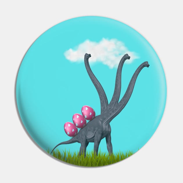 3-necked dinosaur carrying 3 easter eggs | Happy Easter Pin by Cosmic Story Designer