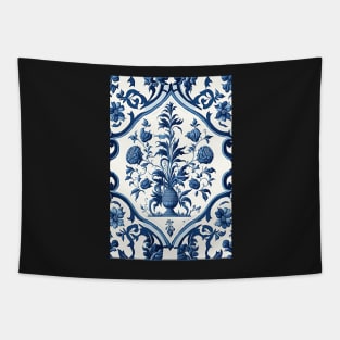 Floral Garden Botanical Print with Delft Blue and White Tapestry