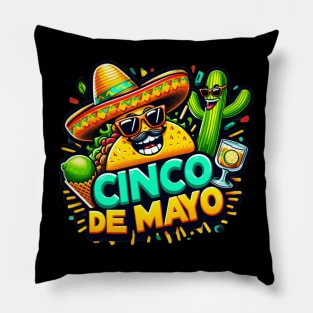 Funny Cinco De Mayo Cartoon Taco Wearing Sombrero,  Lime with Sunglasses and Dancing Cactus! Pillow