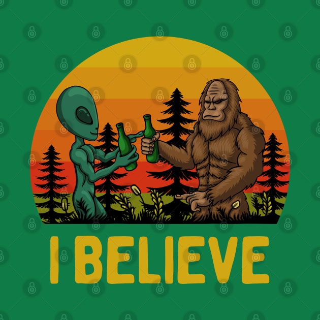 I Believe: Funny Conspiracy Theory Lovers - Bigfoot and Green Alien Sharing a Beer by TwistedCharm