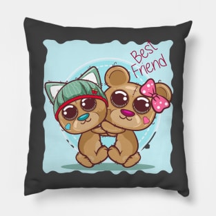 Greeting card with bear boy and girl cartoon Pillow