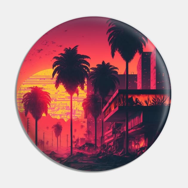 80s Miami House On The Backdrop of A Synthwave Sun Pin by Nightarcade