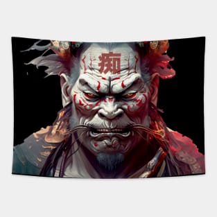 Wrath of a Samurai No. 2: Oni Transformation -- Perturbed Samurai with the word for "Idiot", "Stupid" in kanji (痴 [chī] ) on his forehead on a Dark Background Tapestry