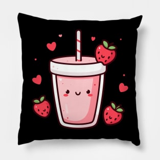 Cute Kawaii Strawberry Milkshake with Strawberries and Hearts | Kawaii Food Pillow