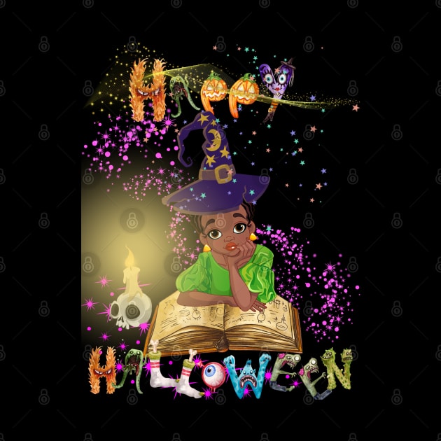 Young witch reading spellbook before halloween start by MagicTrick