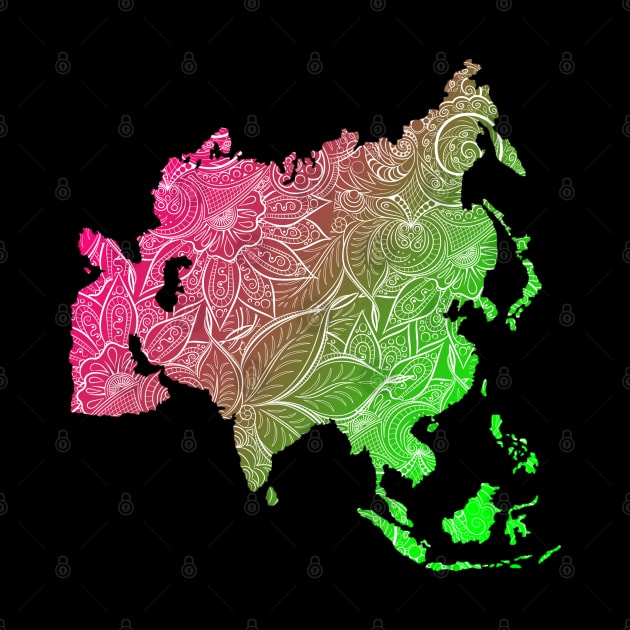 Colorful mandala art map of Asia with text in pink and green by Happy Citizen