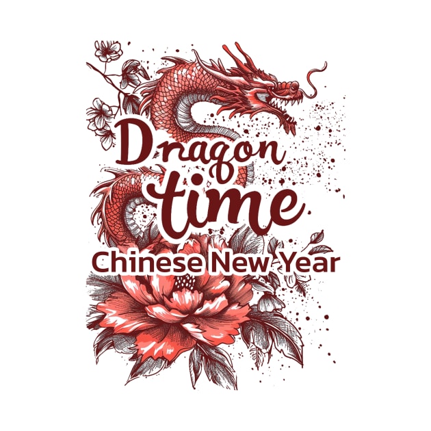 Dragon Time: Red Dragon Doodle with Floral Flourish by YUED