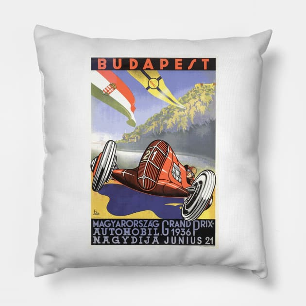 Hungarian Grand Prix, Budapest 1936: Vintage Poster Design Pillow by Naves