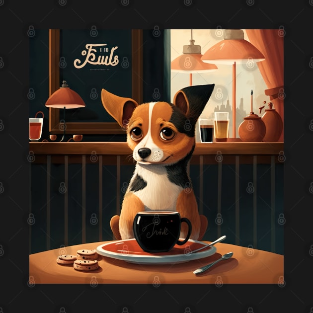 Super Cute Dog in French Bistro Coffee Illustration by unrealartwork