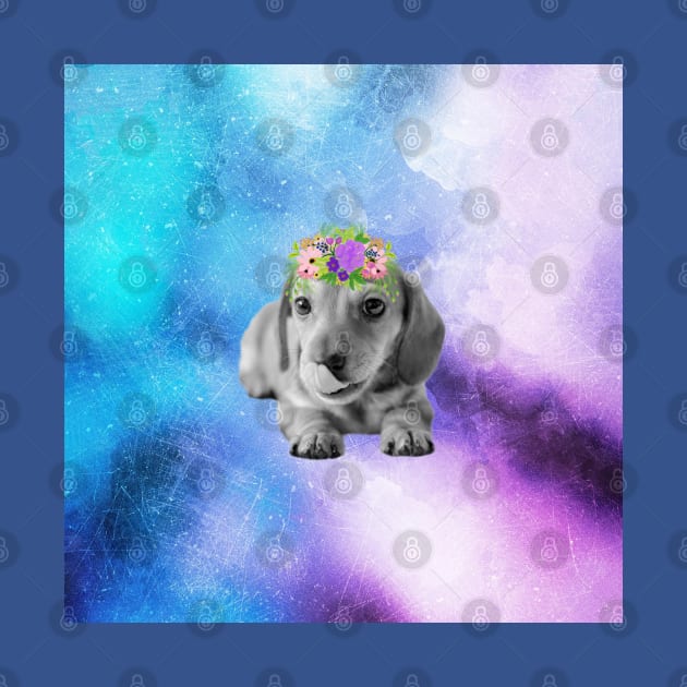 Distressed Floral Watercolour Dachshund Puppy by tribbledesign