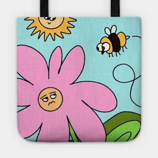 Cute flower and Bee Funny Landscape Cartoon Tote