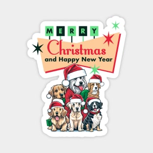 Retro Christmas Dog Design - Cute Dogs with Santa Hats Under a Retro Sign Magnet