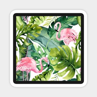 Watercolor Pink Flamingo + Tropical Foliage Pattern Magnet