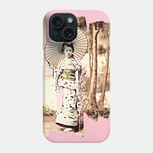 Japanese girl weaing a kimono with parasol Phone Case