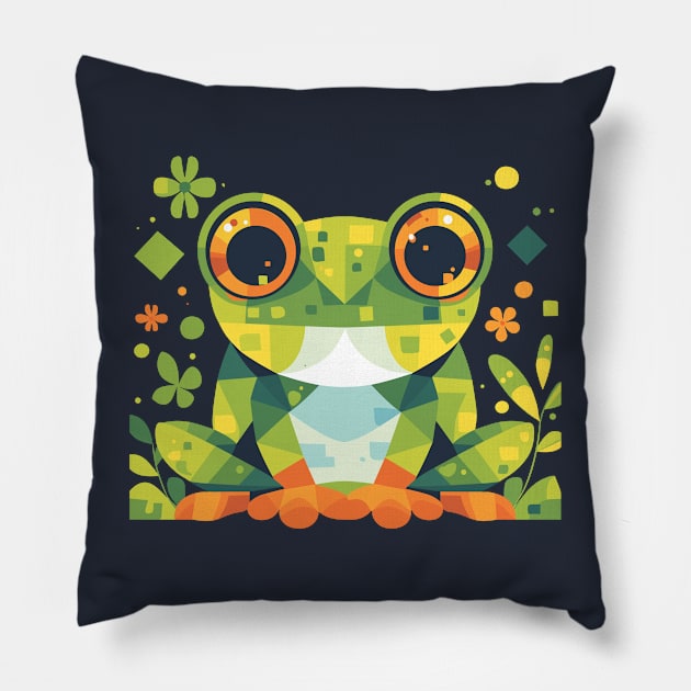 Geometrical Colorful Frog. Adorable Mosaic Cute Kawaii Simple Animal Pillow by SappiDigital