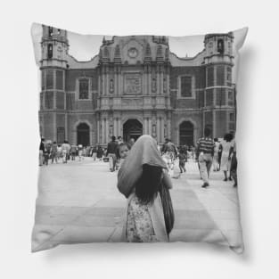 Woman Praying in front of Our Lady of Guadalupe Pillow