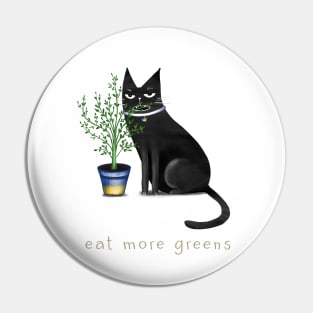 Cartoon black cat with a home flower in a pot and the inscription "Eat more greens". Pin