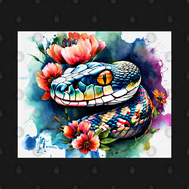 Snake head in the watercolor style  with flowers and vibrant hues. by MOXIEKHAIR