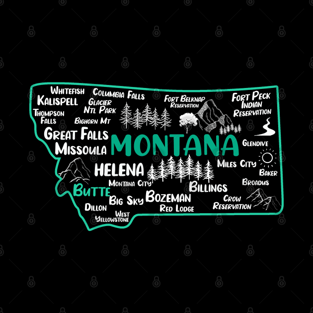 Cute map of Butte Montana, Helena, Missoula, Great Falls, Bozemian, Billings, Kalispell, Big Sky by BoogieCreates