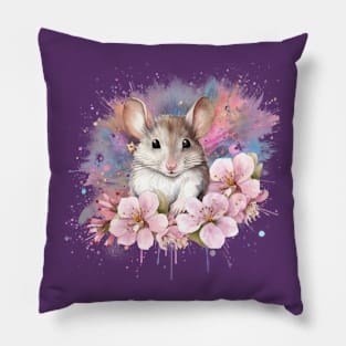 Cute Little Mouse Surrounded By Flowers Pillow