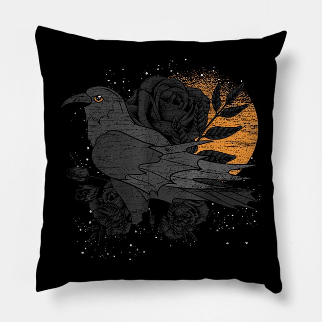 Gothic Black Rose and Crow - Forest Bird Creepy - Full Moon Raven Pillow by The Full Moon Shop