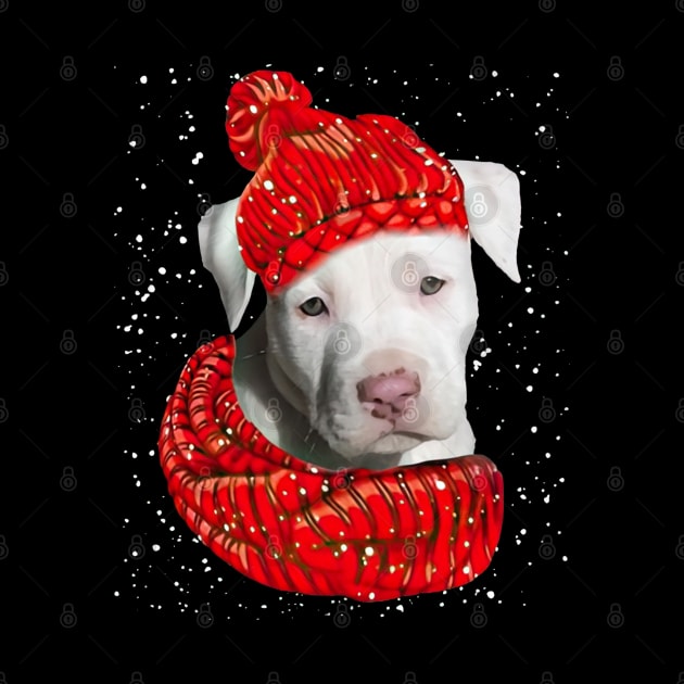 Staffordshire Bull Terrier Wearing Red Hat And Scarf In Snow by SuperMama1650