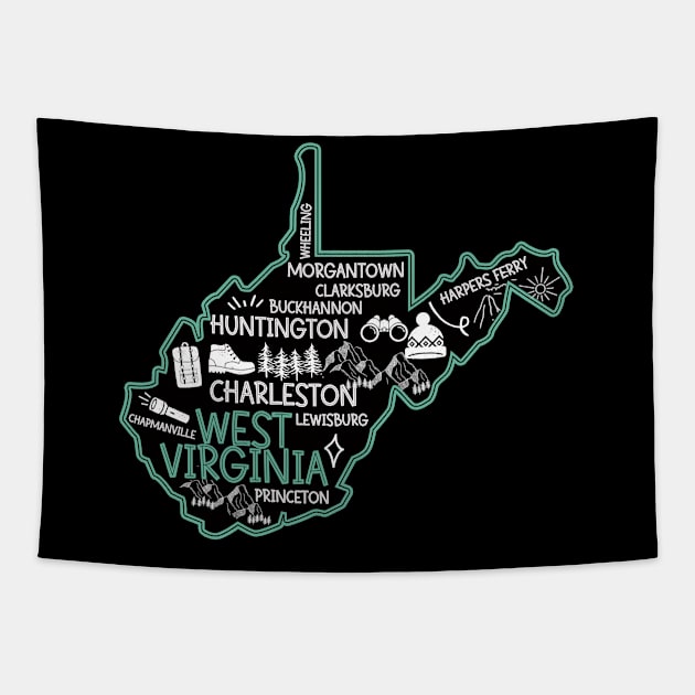 Cute map of West Virginia Charleston Lewisburg Huntington Morgantown Buckhannon Tapestry by BoogieCreates