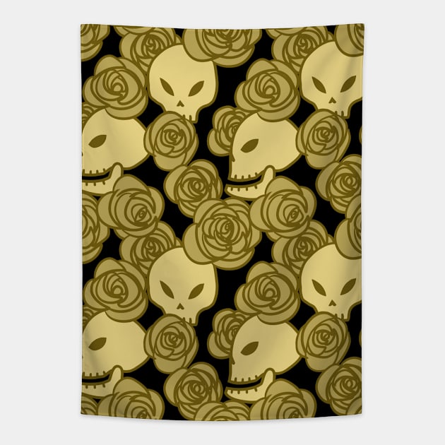 Skulls and Roses (Gold) Tapestry by inatorinator